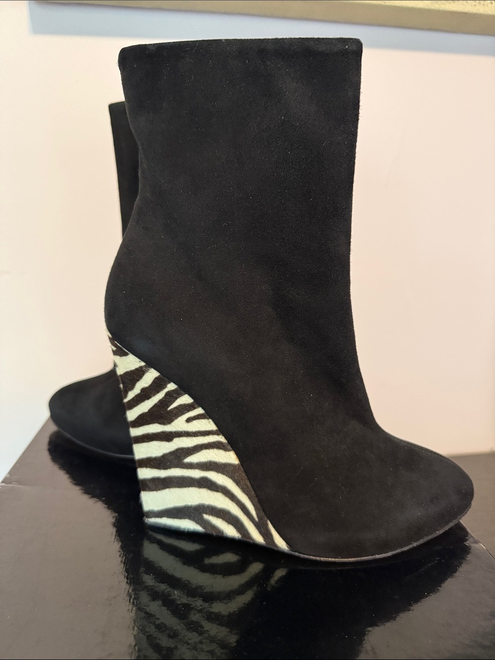 Giuseppe Zanotti Black Suede Ankle Booties with Zebra Wedge